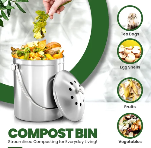 Vista 4 de Utopia Kitchen Contenedor de compostaje para encimera de cocina, cubo de compostaje de 1 galón para cocina con tapa, incluye 1 filtro de carbón