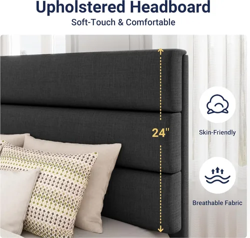 Vista 4 de Allewie Base de cama de plataforma de tamaño individual con cabecera tapizada de tela y soporte de listones de madera, base de colchón totalmente