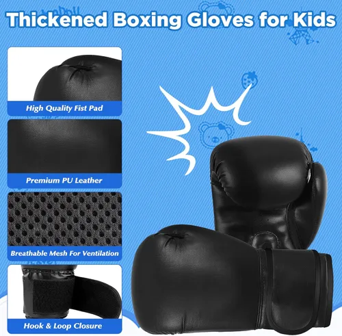 Vista 6 de Set de Saco de Boxeo para Niños, Saco de Boxeo Relleno de 0,84 m con Peso de 2KG y Esponja, Guantes de 6Oz, Saco de Boxeo Colgante para Niños, Boxeo