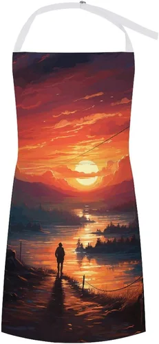 Sunset Art Aprons Waterproof Cooking Kitchen Apron Unisex Adjustable Bib Apron with Pocket Restaurant Chef Works Aprons for Waitress Waiter