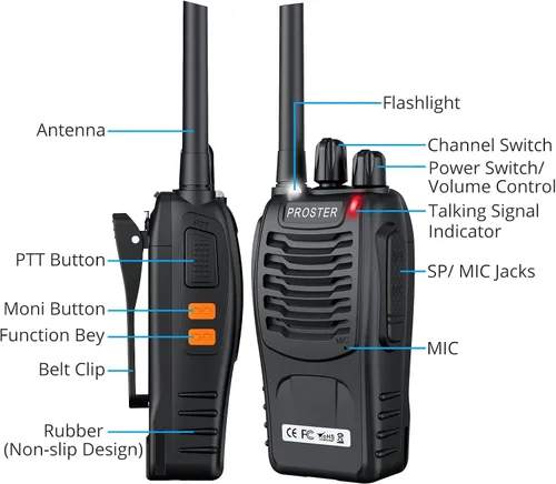 Vista 2 de Proster Walkie Talkies recargables, 1 par, radios bidireccionales de largo alcance de 16 canales con cargador USB, micrófono de auricular
