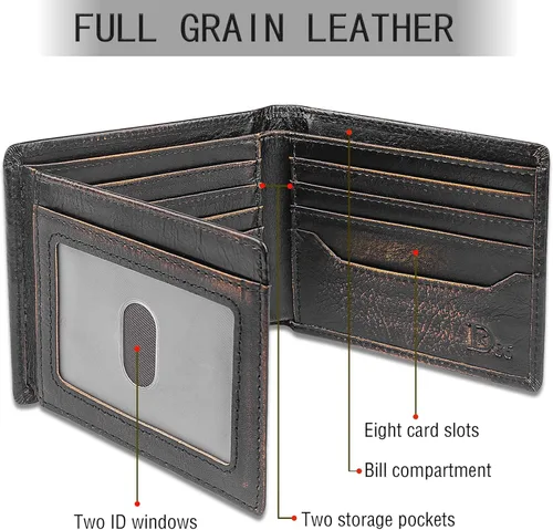 Vista 3 de DK86 Billetera plegable de piel auténtica para hombre, bloqueo RFID, capacidad adicional, múltiples ranuras para tarjetas con 2 ventanas