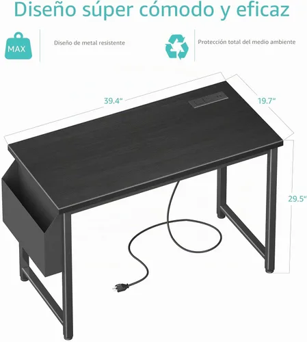Vista 3 de Lufeiya Escritorio para computadora de 39 pulgadas con toma de corriente, mesa de estudio para adolescentes de 40 pulgadas, escritorio de trabajo