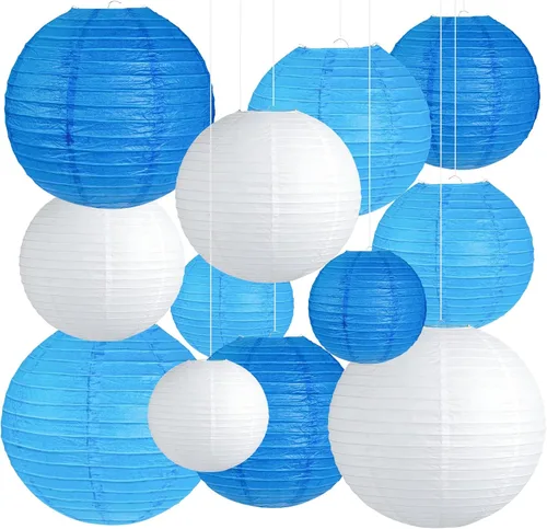 Vista 18 de 12 Linternas de Papel Azul, Blanco y Verde Menta de Tamaños Variados (6" 8" 10" 12") para Decoración del Hogar, Boda, Cumpleaños, Decoraciones