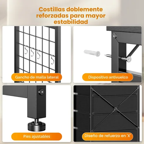 Vista 8 de EnHomee Cómoda de 49.2" de ancho para dormitorio con perchero colgante, 6 cajones, cómoda con luces LED y estación de carga, aparadores de tela