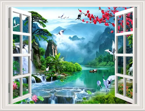 Vista 13 de Pintura autoadhesiva 3D, calcomanías de pared falsas para ventana, isla tropical con palmeras, mural de pared, vista de ventana, decoración de pared