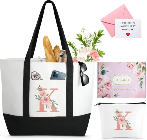 Vista 14 de TRSODD Regalos de cumpleaños para mujer, bolsa de lona con inicial con correa ajustable para el hombro y bolsa de maquillaje, regalos para mamá