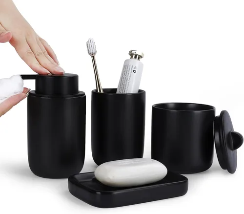 BosilunLife Juego completo de accesorios de baño de cerámica dispensador de jabón de baño y soporte para cepillos de dientes (espuma negra)