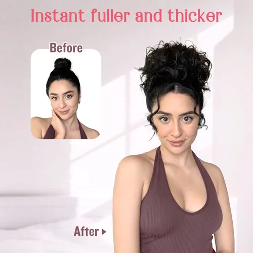 Vista 4 de HOOJIH Moño de pelo rizado, moño desordenado, pieza de pelo elástico con cordón grande, extensión completa, extensión corta de cola de caballo