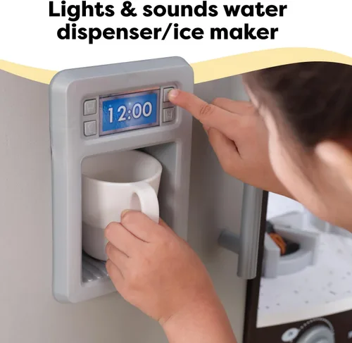 Vista 6 de KidKraft Ultimate Corner Wooden Play Kitchen with Lights & Sounds, Play Phone and Curtains, Espresso, Gift for Ages 3+