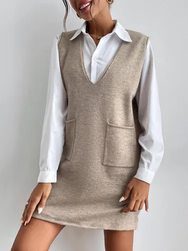 Vista 5 de OYOANGLE Vestido corto de punto con cuello en V sin mangas para mujer, liso, con bolsillos Verde militar
