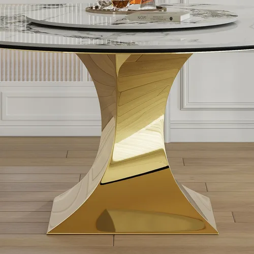 Vista 7 de Juego de mesa de comedor redonda de 9 piezas, moderna mesa de cocina de piedra sinterizada de 59 pulgadas con plato giratorio redondo de 31.5 Juego