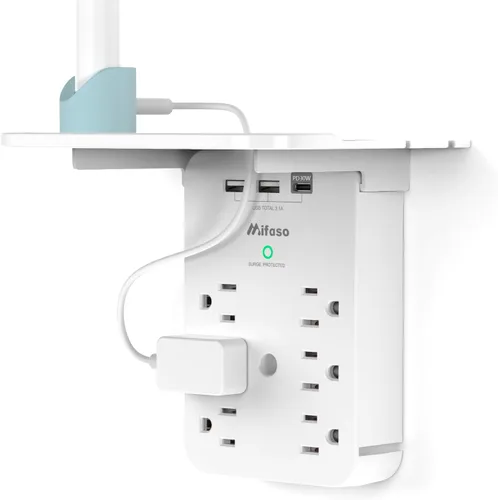 Vista 9 de Extensor de toma de corriente – Protector de sobretensiones de 6 salidas de CA con estante, 2 puertos de carga USB y USB C, expansor de enchufe