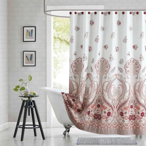 Vista 22 de Cortina de ducha larga de tela, cortinas de ducha de damasco bohemio con estampado de paisley en vino burdeos y oro amarillo, cortinas impermeables