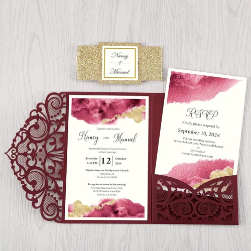 Vista 2 de DORIS HOME 50 invitaciones de boda cortadas con láser con sobres y tarjetas RSVP personalizadas interior con purpurina dorada para el vientre