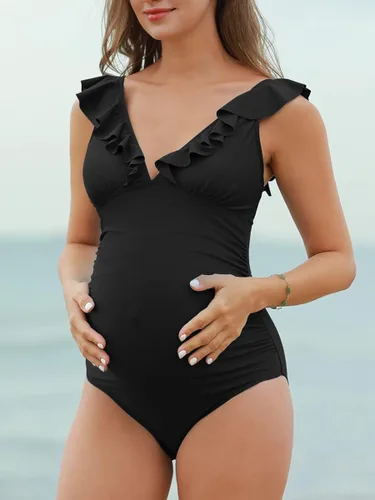 Vista 5 de Summer Mae Traje de baño de maternidad con cuello en V traje de baño de una pieza con volantes y cordones