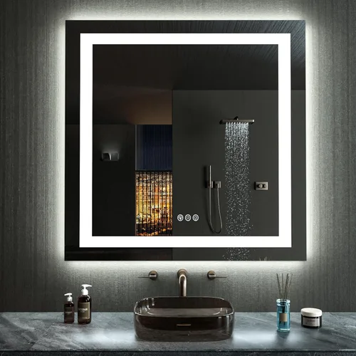 Vista 40 de LOAAO Espejo de Baño LED de 32"X36" con Luces, Anti-Empañamiento, Regulable, Retroiluminado + Iluminado Frontal, Espejo de Tocador de Baño Iluminado