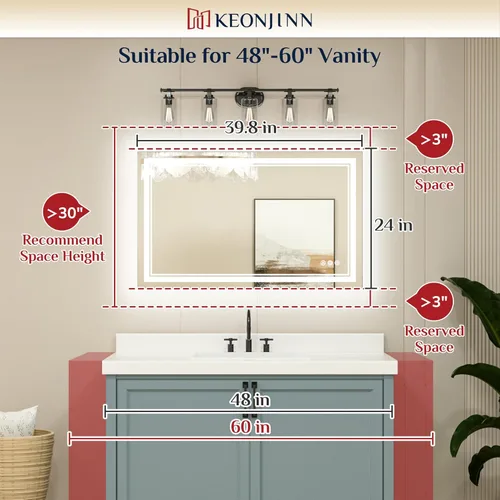 Vista 2 de Espejo de baño LED Keonjinn de 40" x 24" con iluminación frontal y trasera, 3 temperaturas de color continuas y espejo de tocador regulable