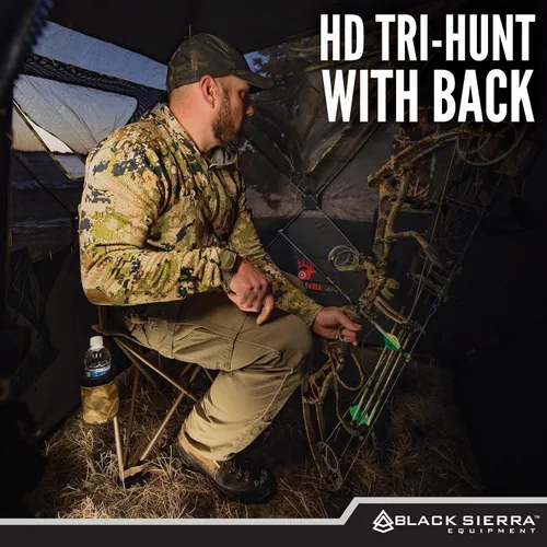 Vista 3 de Black Sierra XL - Taburete de caza con trípode plegable con marco de acero soporta 300 libras, silla de pesca resistente con soporte para tazas