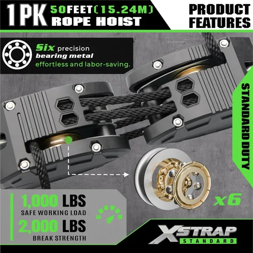 Vista 2 de XSTRAP STANDARD - Sistema de polea de bloque y aparejos de alta resistencia, capacidad de 1000 libras, potencia de elevación 5:1, polipasto