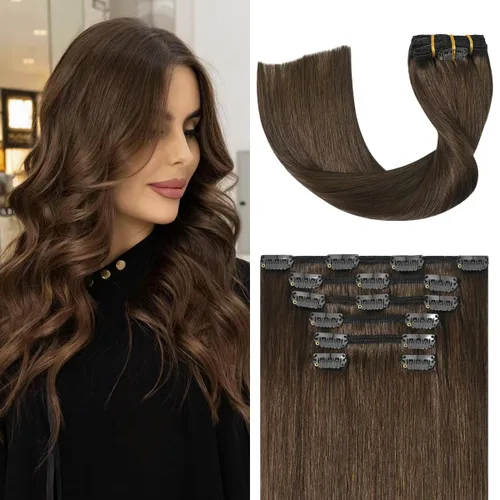 Vista 8 de UGOTRAYS Extensiones de cabello humano real con pinzas, 12 pulgadas, 2.47 oz de rubio ceniza mezclado con rubio decolorado, 7 piezas de doble trama