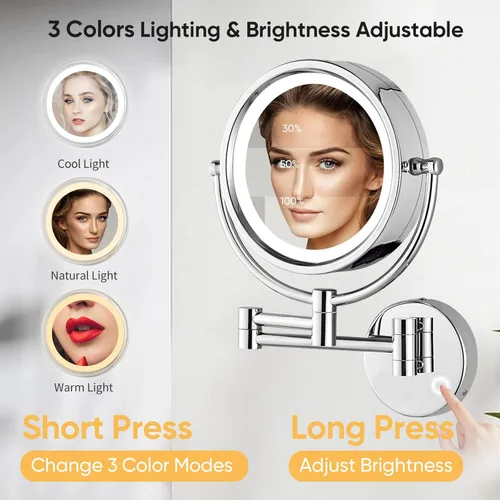 Vista 2 de GURUN Espejo de maquillaje con cableado montado en la pared con 3 tonos de luces LED regulables, 10 espejos de aumento con control táctil para baño