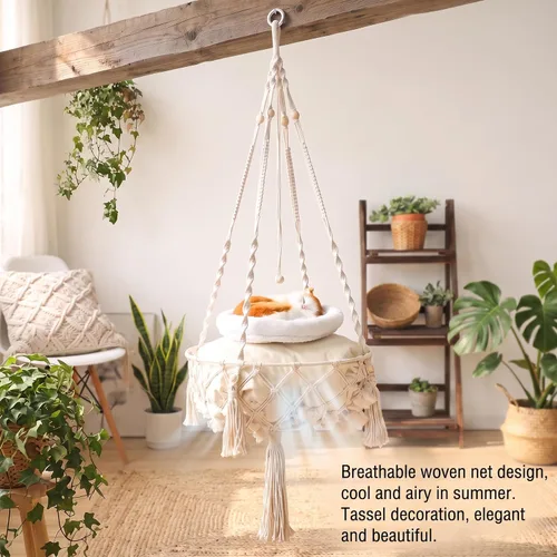 Vista 3 de Beige Breathable Boho Hanging Cat Hammock, Cat Swing Bed, Soft Indoor Hanging Bed, Cozy Pet Swing, Hammock, Relaxing Furniture