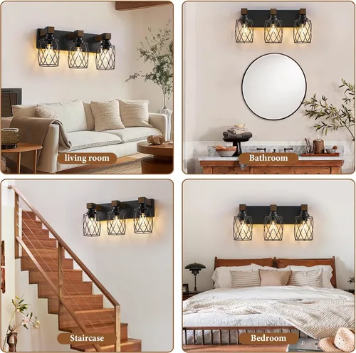 Vista 7 de Luz de Tocador de Baño Estilo Granja, Lámpara de Baño de Madera de 3 Luces para Sobre el Espejo, Luces de Tocador Industriales Negras con Pantalla