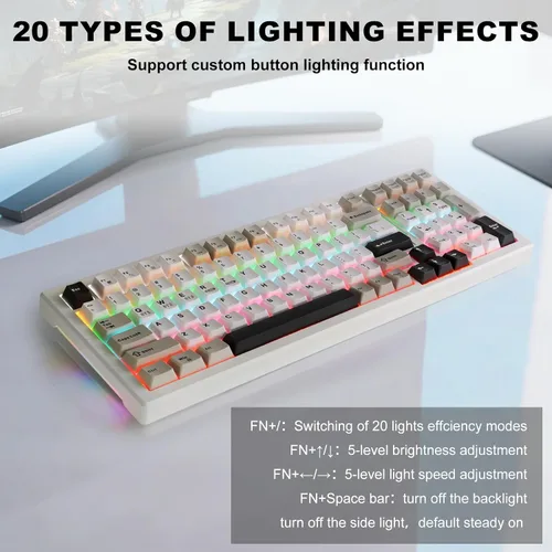 Vista 3 de Teclado mecánico inalámbrico para juegos BT5.0/2.4GHz/USB, LED multicolor con 18+ modos, teclado personalizado intercambiable en caliente