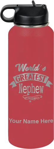 Vista 10 de LaserGram Personalized Water Bottle, World's Greatest Nephew, Stainless Steel Double Wall Vacuum Insulated with Flip Top Straw, Custom Engraved Gift
