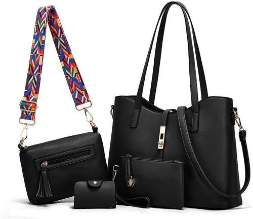 Vista 2 de Juego de 4 piezas bolsa grande con asa superior, bolsa de hombro, bolsa de mano y cartera de estilo moderno para mujer