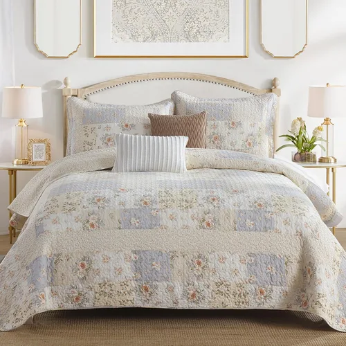 Vista 2 de Colcha extragrande de 100 % algodón, 120 x 120, estampado floral beige
