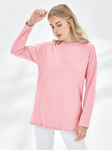 Vista 60 de Fisoew Camisetas de manga larga para mujer, holgadas, casuales, con cuello redondo, blusa suave