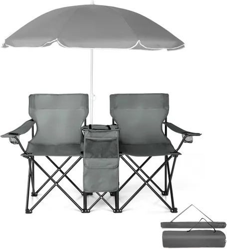 Grey Folding Camping Chair with Detachable Sunshade, 2-Person Portable Outdoor Seat for Family Beach & Picnic, Adjustable Umbrella with UPF