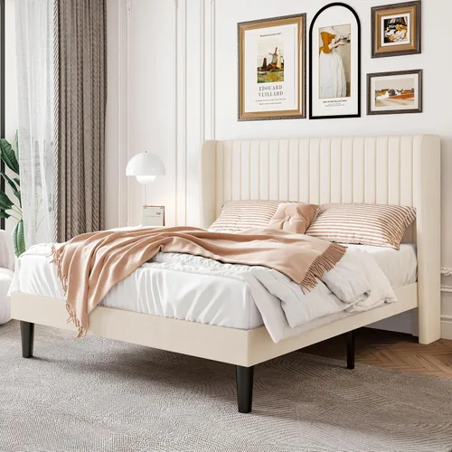 Vista 16 de SHA CERLIN Base de cama de terciopelo de tamaño matrimonial con cabecera capitoné de canal vertical, plataforma tapizada con listones de madera,