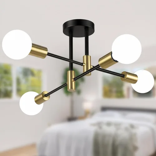 Vista 7 de Bosceos Lámpara de techo semiempotrada, lámpara de techo Sputnik moderna de 4 luces negras y doradas, lámpara de techo industrial para cocina