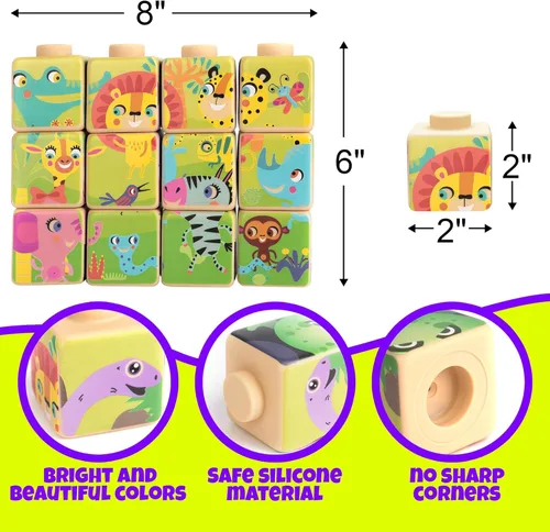 Vista 2 de ArtCreativity Bloques de rompecabezas de silicona para niños, 12 bloques apilables para bebés con cuatro imágenes diferentes impresas en los lados