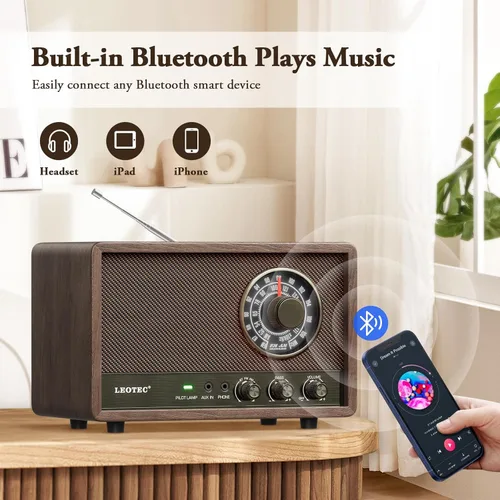 Vista 2 de LEOTEC Radio AM FM, radio de mesa de madera retro, altavoz Bluetooth portátil enchufable en la pared, la mejor recepción con AUX, conector