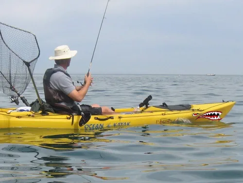 Vista 5 de MOOCY 2 calcomanías de kayak con dientes de tiburón, impermeables, divertidos, accesorios gráficos para kayak, canoa, pesca, barco, automóvil