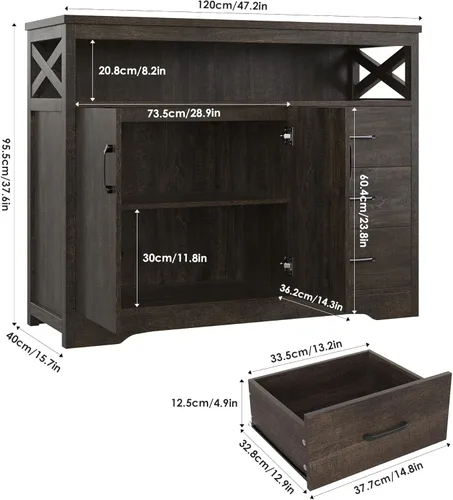 Vista 9 de HOSTACK Aparador moderno de granja, gabinete de almacenamiento de bufé de cocina con cajones y estantes, barra de café de madera con almacenamiento
