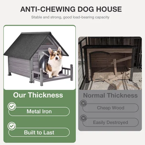 Vista 4 de Casa para perros con diseño de marco de hierro para interiores y exteriores, con porche y patas elevadas para perros pequeños y medianos (gris)