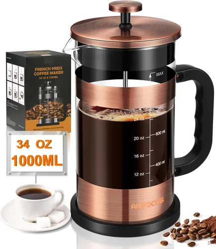Prensa francesa para café - Cafetera de acero inoxidable clásico de 34 onzas con sistema de filtración de 4 niveles, vidrio de borosilicato