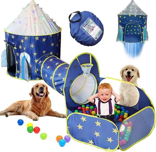 Vista 9 de LimitlessFunN 4 tiendas de campaña de princesa para niños, túnel de gateo, pozo de bolas, incluye luces de estrellas y estuche de transporte