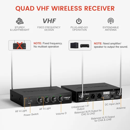 Vista 3 de Sistema de micrófono inalámbrico Phenyx Pro, micrófonos inalámbricos VHF de 4 canales, con 4 micrófonos dinámicos de mano, receptor de metal, largo