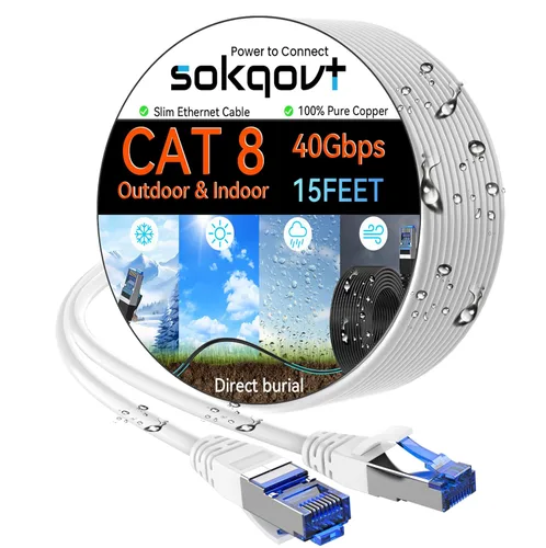 Vista 20 de Sokqovt Cable Ethernet Cat 8 delgado de 15 pies para exteriores e interiores, cable de Internet Cat8 de cobre puro para entierro directo e