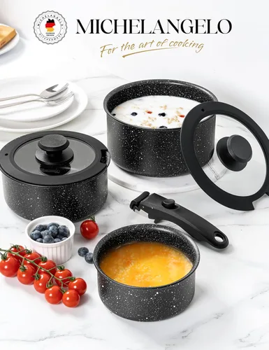 Vista 6 de MICHELANGELO Juego de cacerolas antiadherentes de 1 cuarto y 2 cuartos de galón y 3 cuartos de galón con asas extraíbles, juego de cacerolas