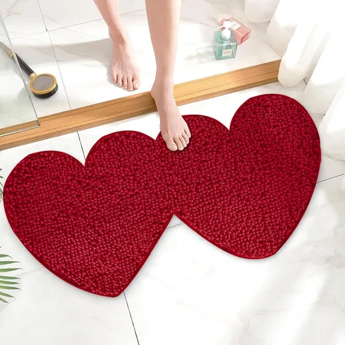 Alfombra de baño para el día de San Valentín, doble en forma de corazón, decorativa, de felpilla, color rojo profundo, antideslizante, lavable, para