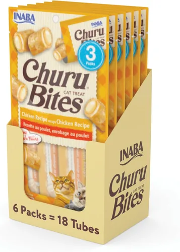 INABA Churu Bites para Gatos, Golosinas para Gatos Rellenas de Churu Envueltas en Pollo Horneado Suave/Masticable con Vitamina E, 0.35 Onzas por