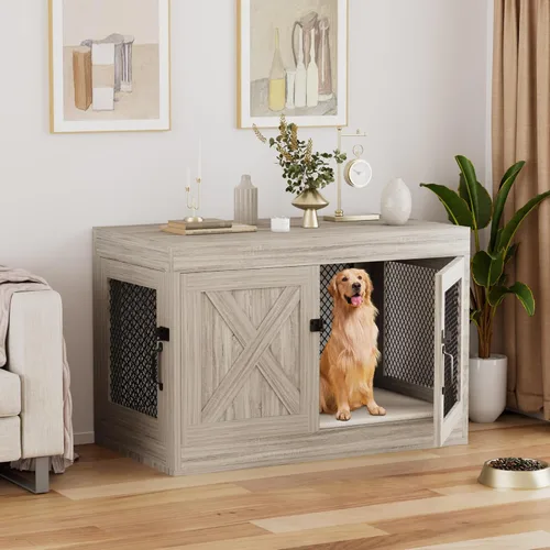 Xilingol Mueble de jaula para perros de esquina con puertas dobles, mesa auxiliar de madera de 36 pulgadas para perros con malla, jaula/casa para