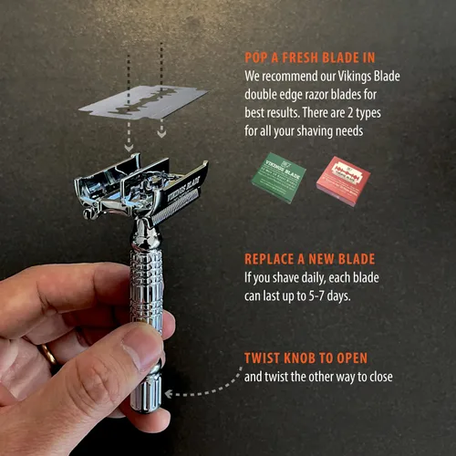 Vista 4 de Maquinilla de afeitar segura Vikings Blade The Chieftain más 5 superhojas de platino sueco y estuche para viajes